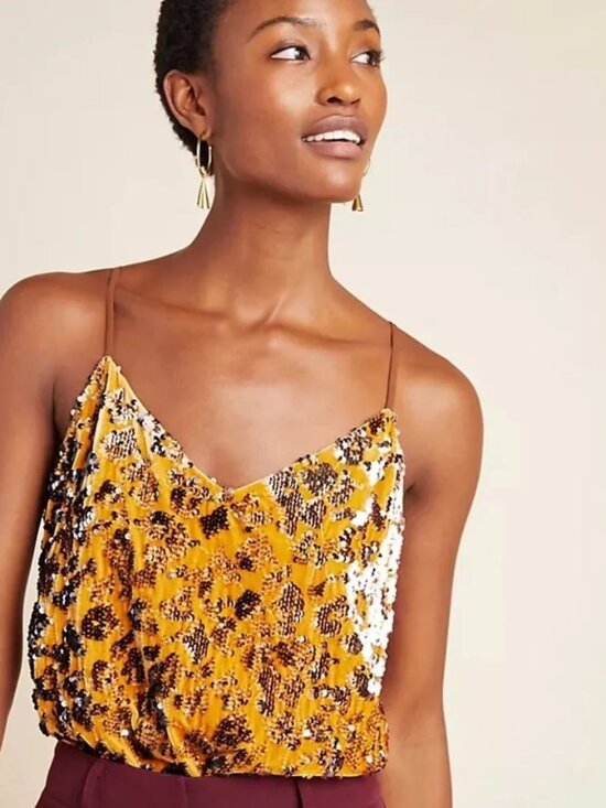 Anthropologie Tops - NWT Anthropologie Ro+De Esther Sequined Velvet Cami Gold Medium